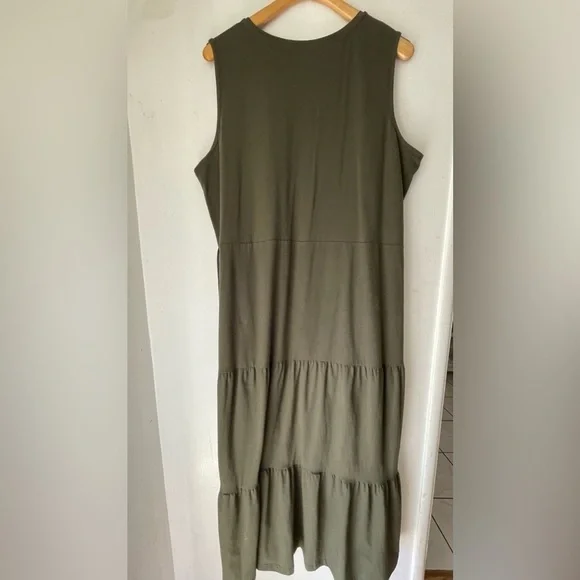 Denim & Co cotton sleeveless tiered stretch maxi dress olive green plus size  XL - Picture 2 of 9
